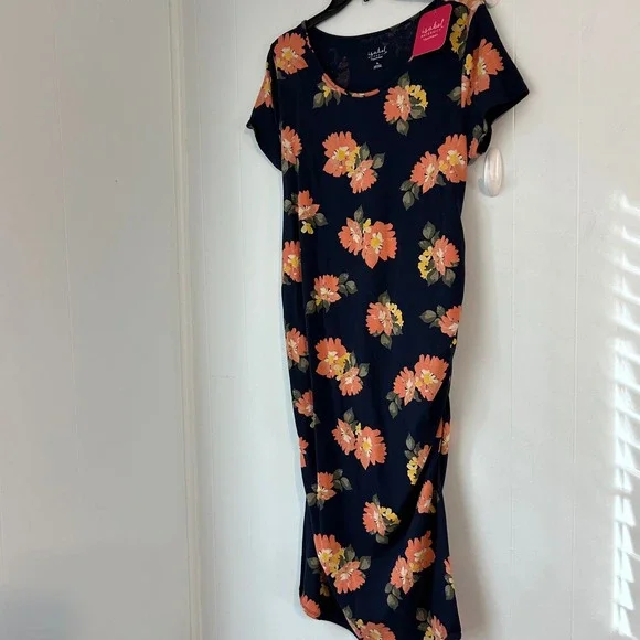 Isabel Maternity Navy Floral Side Ruched Scoop Neck T-Shirt Dress XL New - Picture 3 of 10